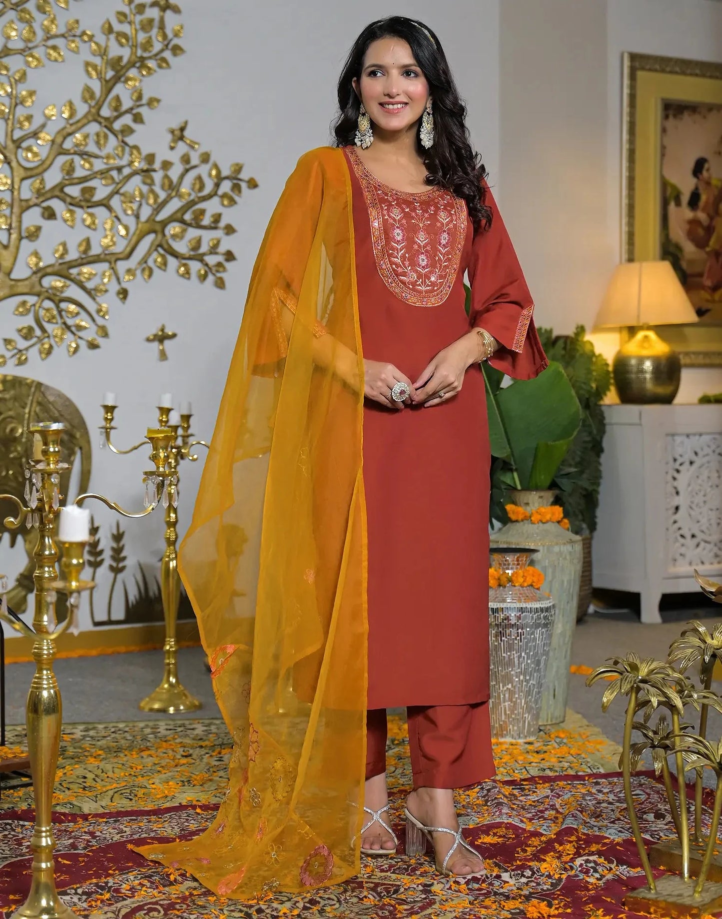 Chinnon Embroidered Round Neck Straight Kurta with Pant & Dupatta