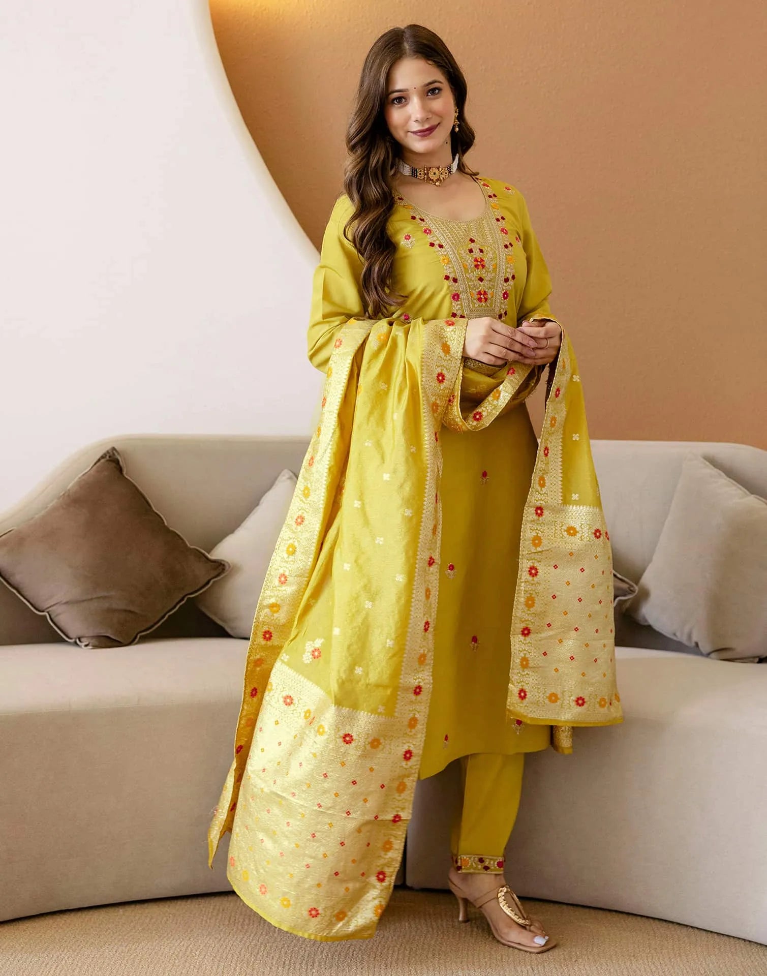 Yellow Silk Embroidered Straight Kurta Set with Pant & Dupatta for Women under 1299