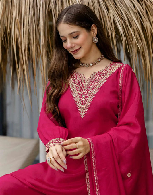 Silk Embroidered Straight Kurta with Pant & Dupatta