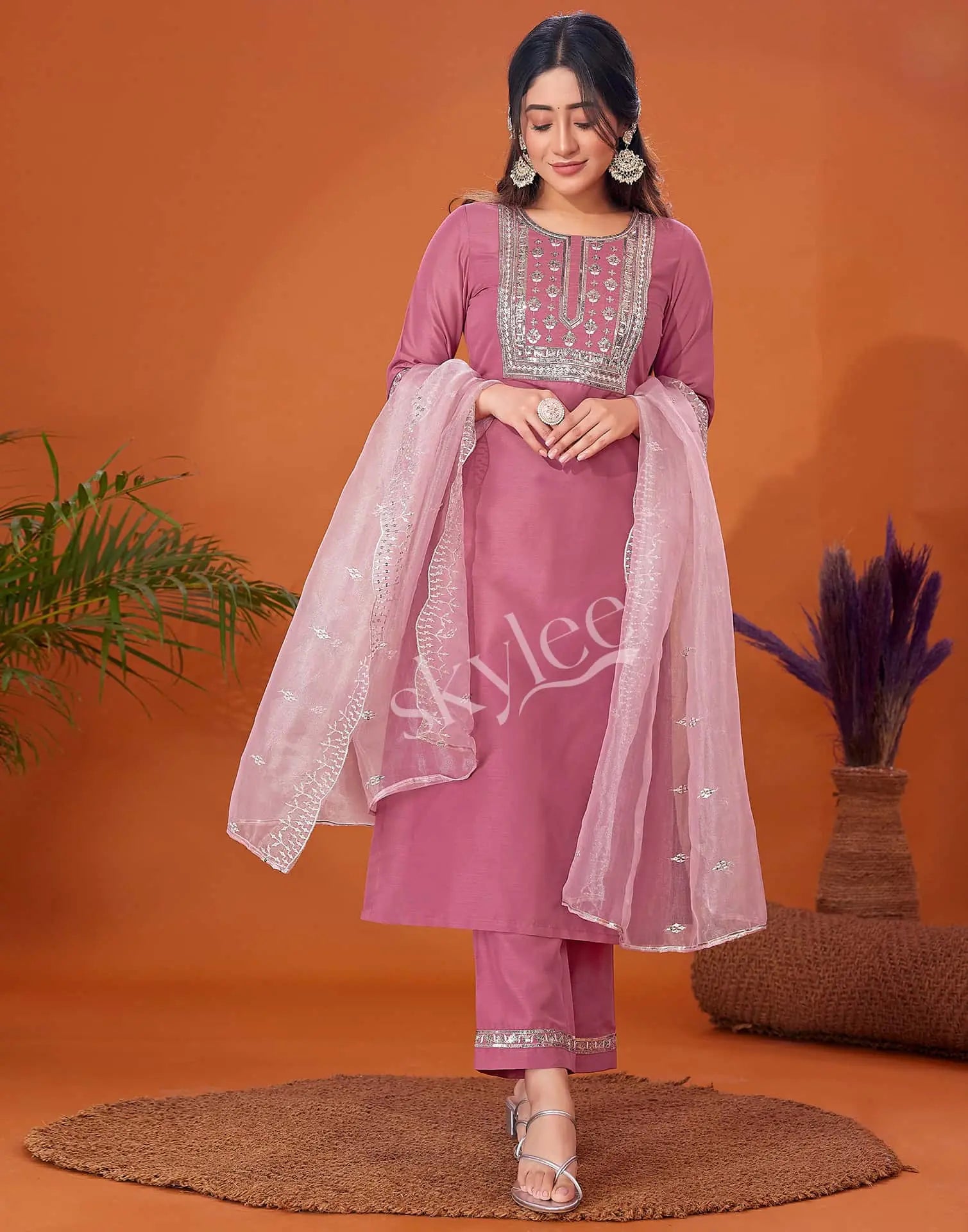 Skylee Viscose Rayon Embroidered Straight 3 Piece Kurta Set For Woman