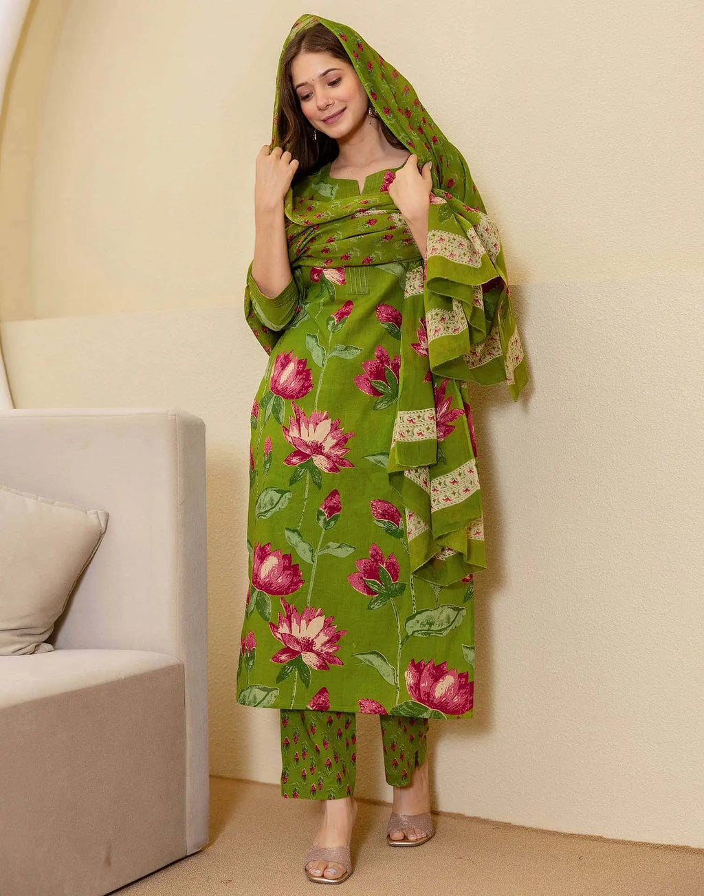 Cotton Printed Straight Kurta with Pant & Dupatta
