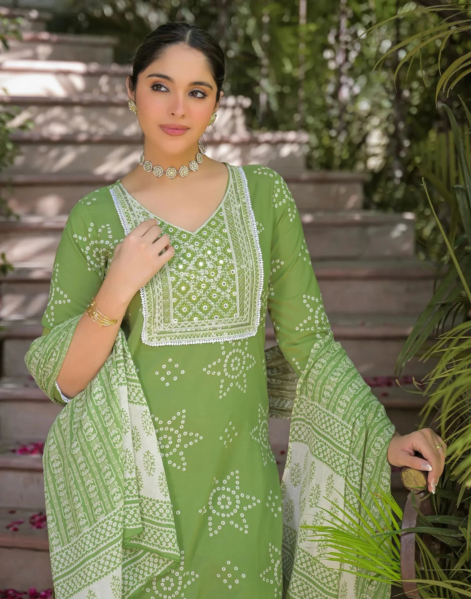 Cotton Embroidered V-Neck Straight Kurta with Pant & Dupatta