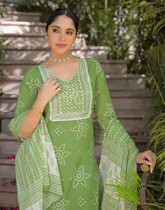Cotton Embroidered V-Neck Straight Kurta with Pant & Dupatta