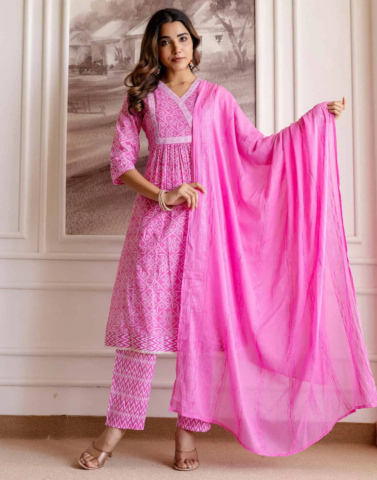 Skylee Pink Cotton Printed Anarkali Kurta Set for Women