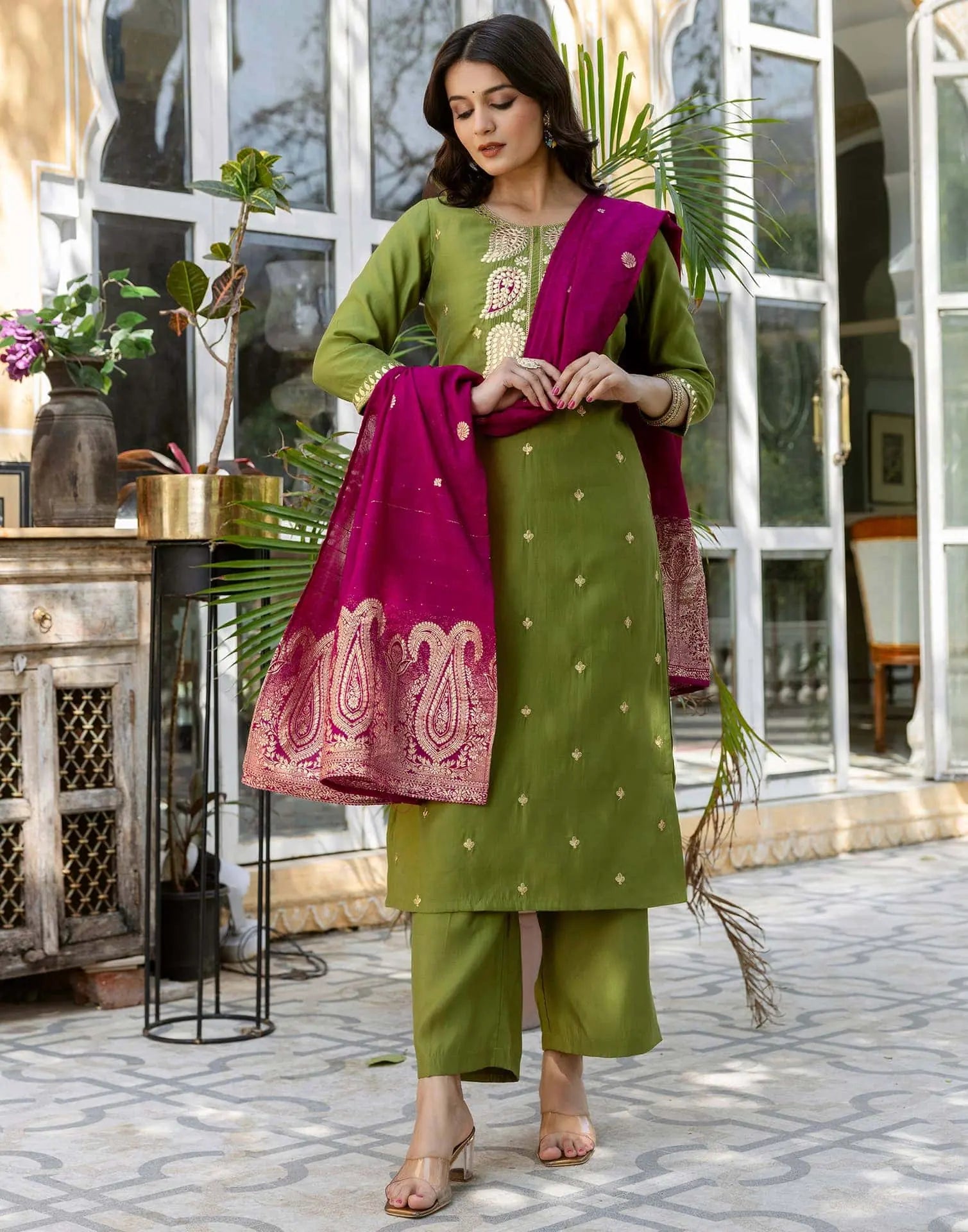Budget friendly olive green silk embroidered kurta set