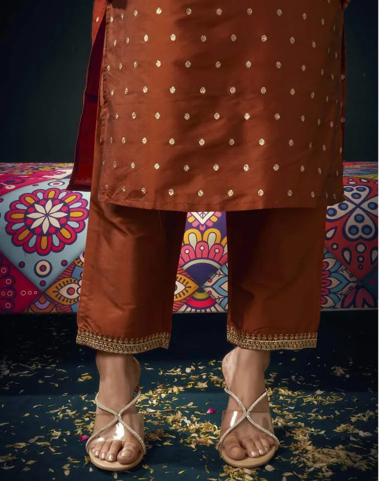 Rust silk straight kurta set women