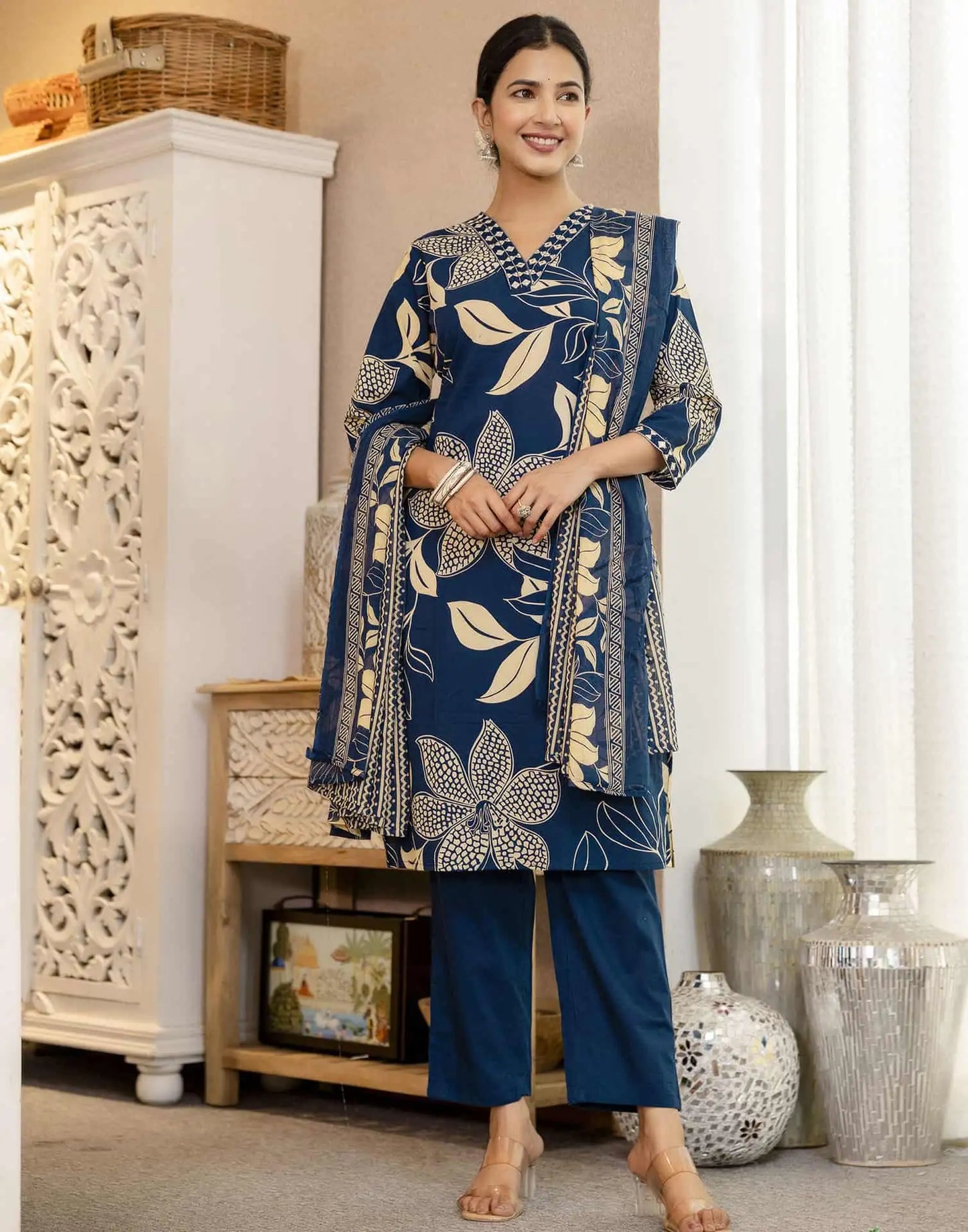 Blue Cotton Printed Straight Kurta Set with Pant & Dupatta under 799