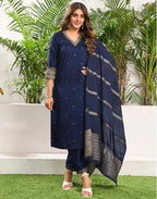 Skylee Poly Chinnon Embroidered Straight 3 Piece Kurta Set For Woman