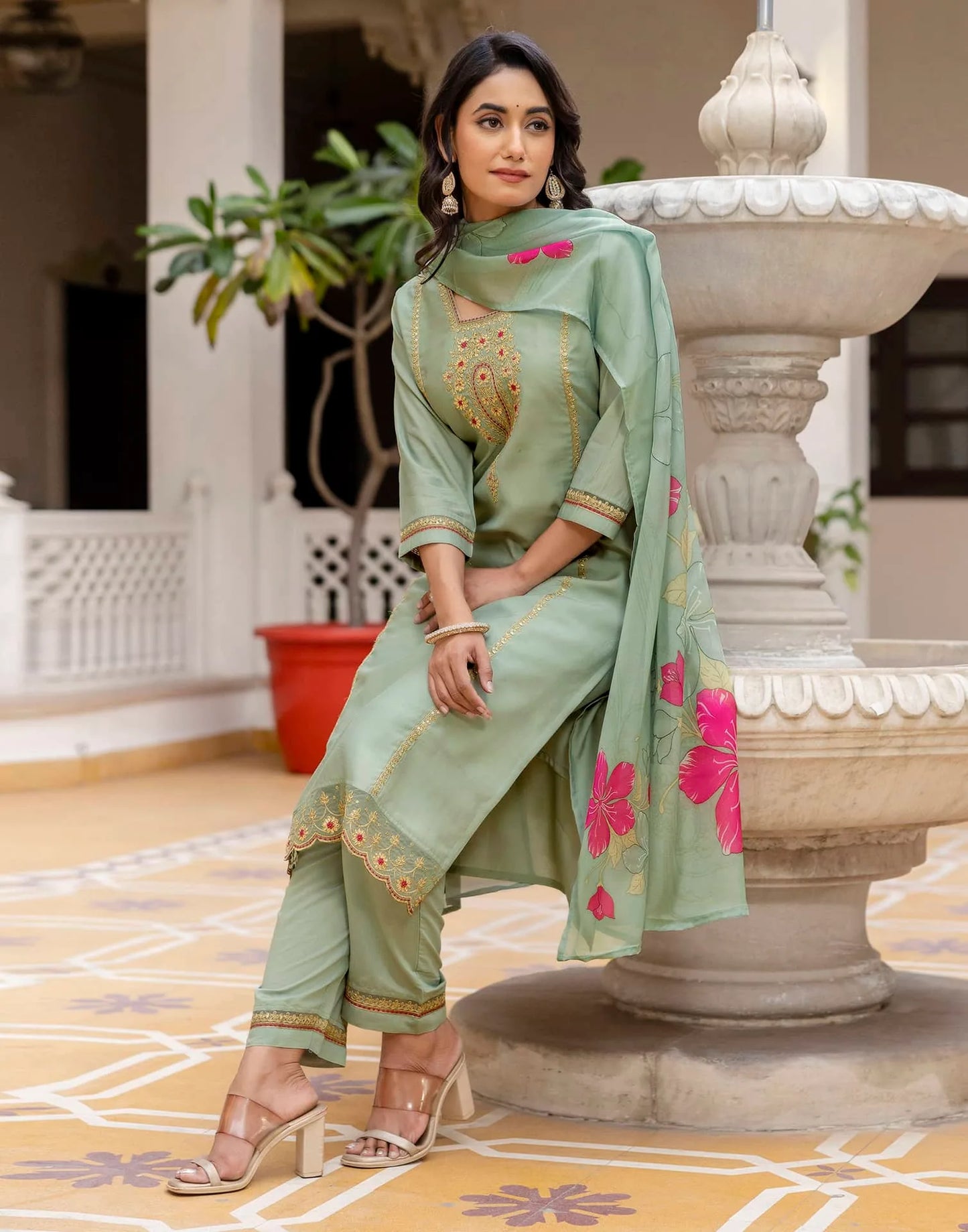 Skylee Light Green Silk Embroidered Straight Kurta Set for Women