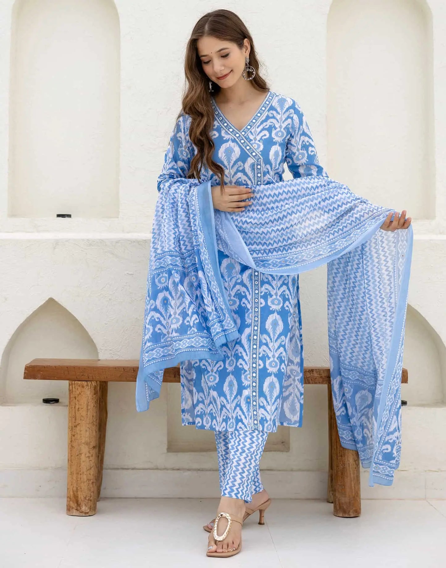 Cotton Straight Printed V-Neck Kurta with Pant & Dupatta