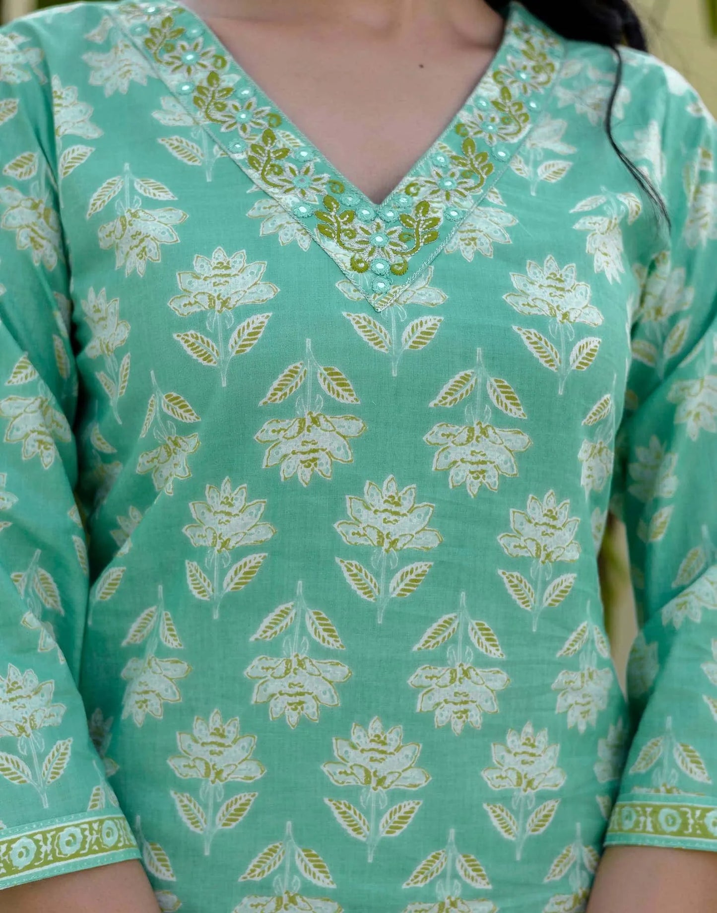 Cotton Printed, Embroidery and Mirror Work, Lace Straight Kurta with Pant & Dupatta