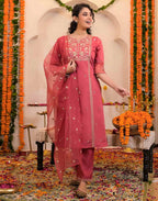 Pink Silk Embroidered Straight Kurta Set with Pant & Dupatta for Women under 1299 