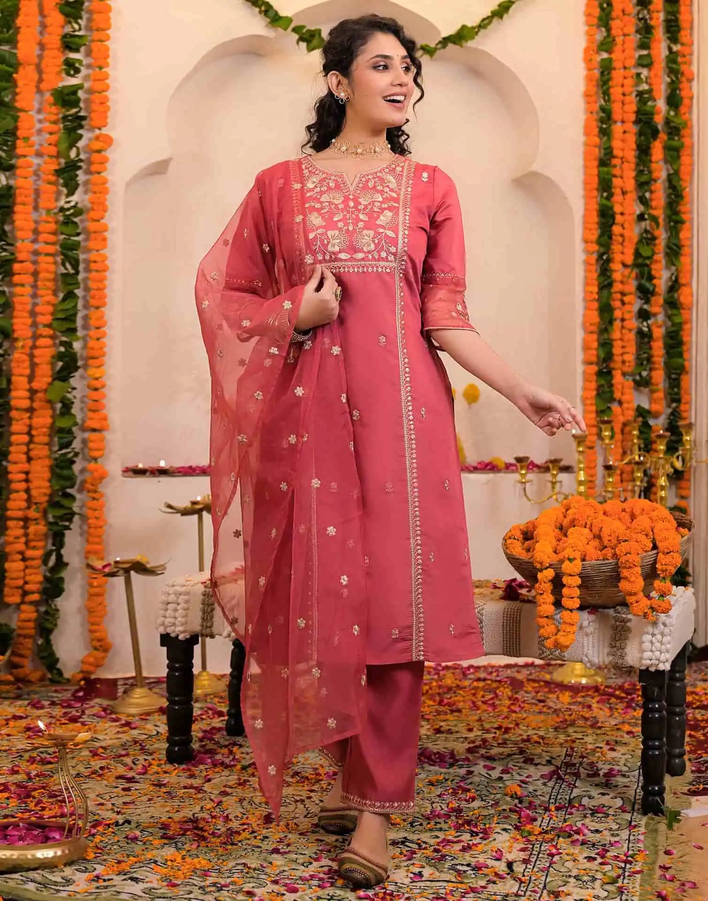 Pink Silk Embroidered Straight Kurta Set with Pant & Dupatta for Women under 1299 