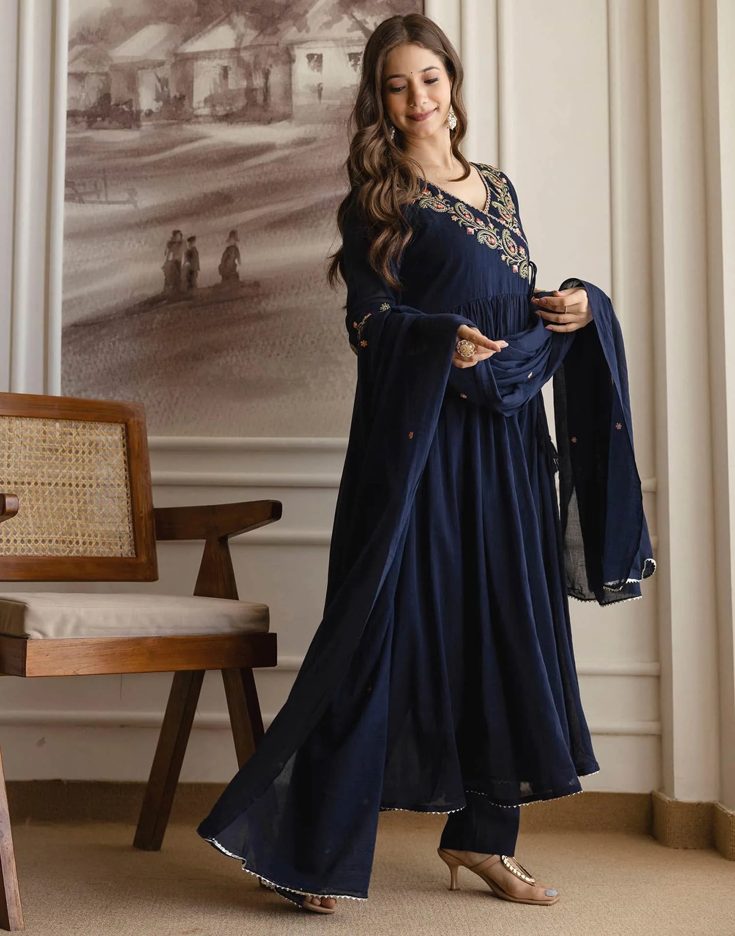 Affordable Blue Cotton Embroidered Anarkali Kurti Set
