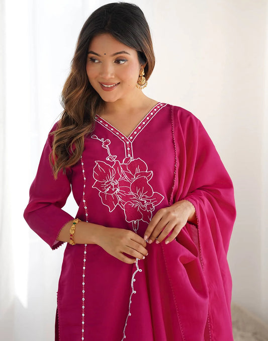 Silk Embroidery and Lace Straight Kurta with Pant & Dupatta