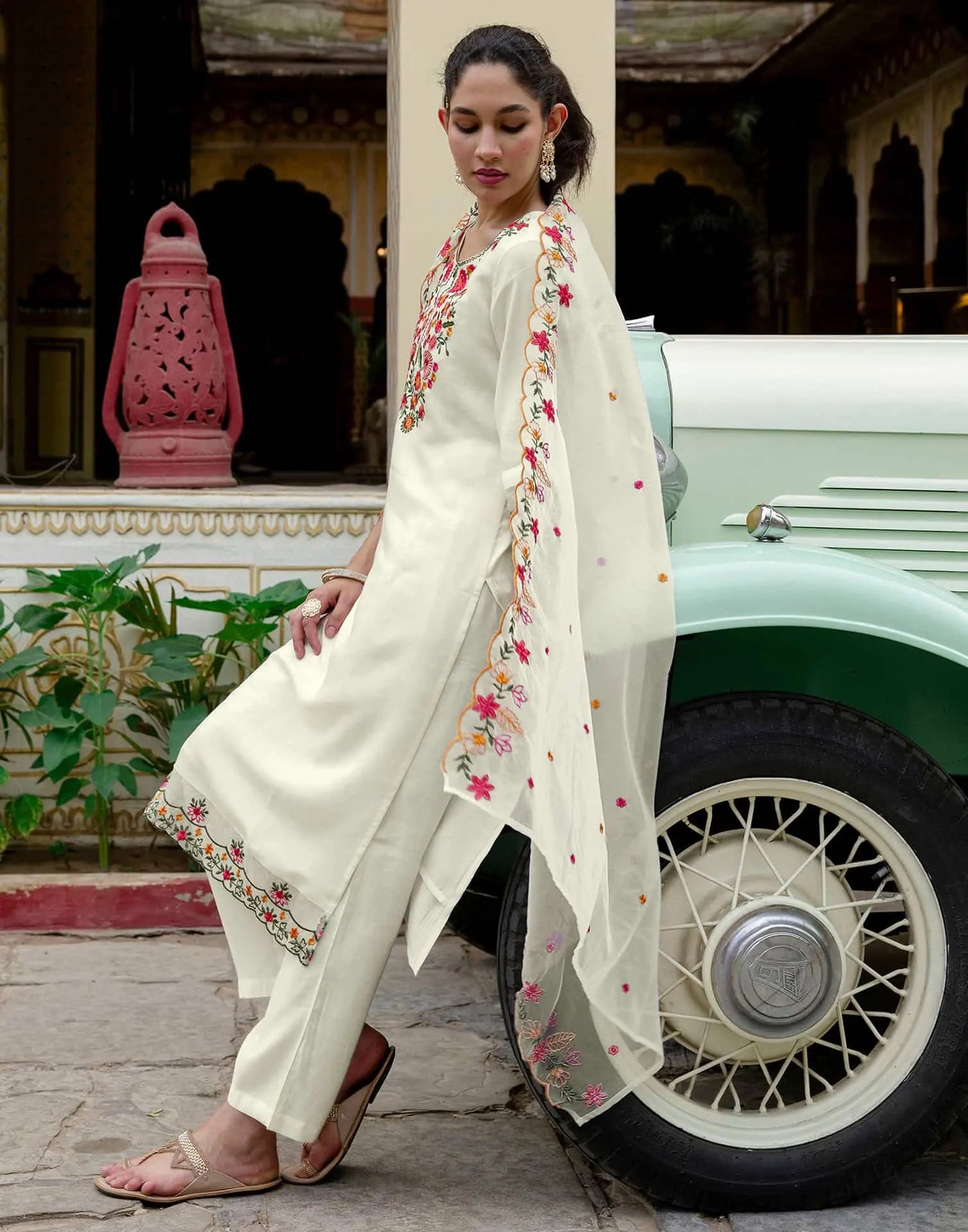 Beige Silk Blend Embroidered and Sequins Work Straight Kurta Set with Pant & Dupatta for Women