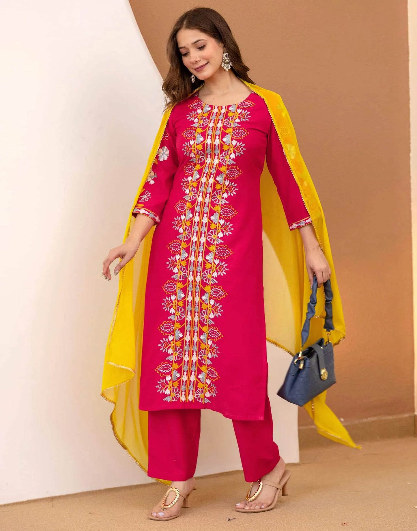 Cotton Blend Embroidered Straight Kurta with Pant & Dupatta