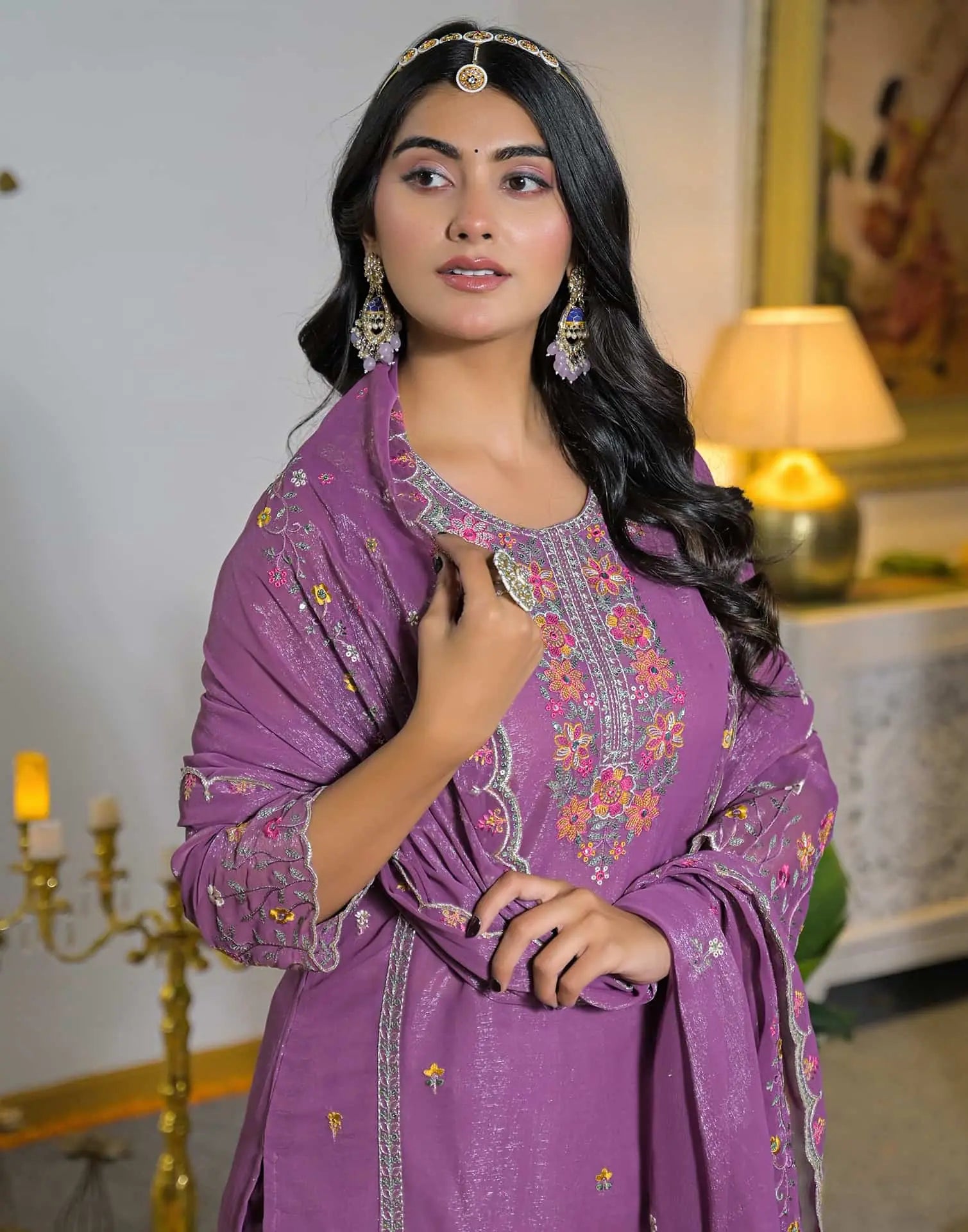 Shimmer Chiffon Straight Embroidery Round Neck Kurta with Pant & Dupatta
