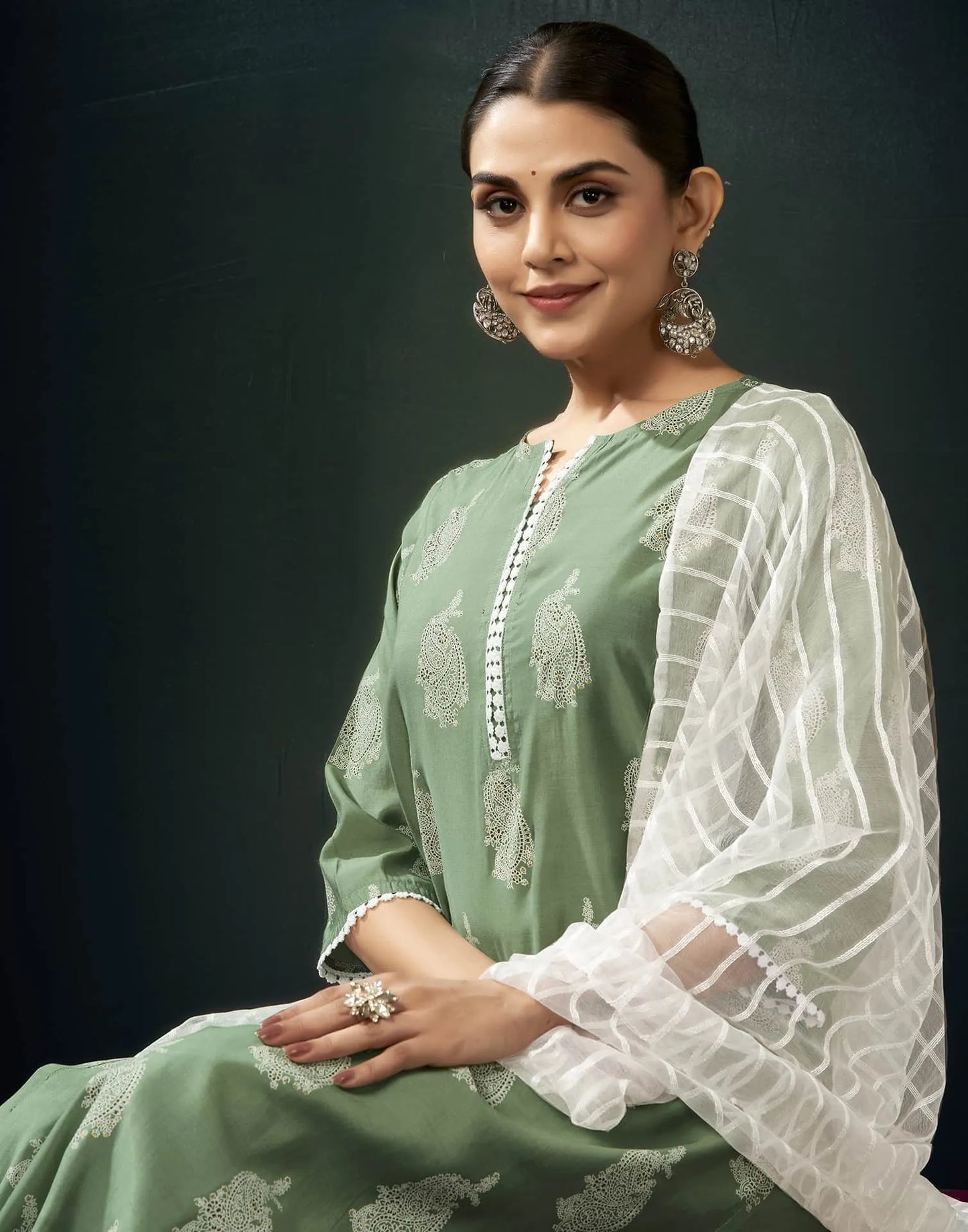 Silk Blend Printed Straight Kurta with Pant & Dupatta