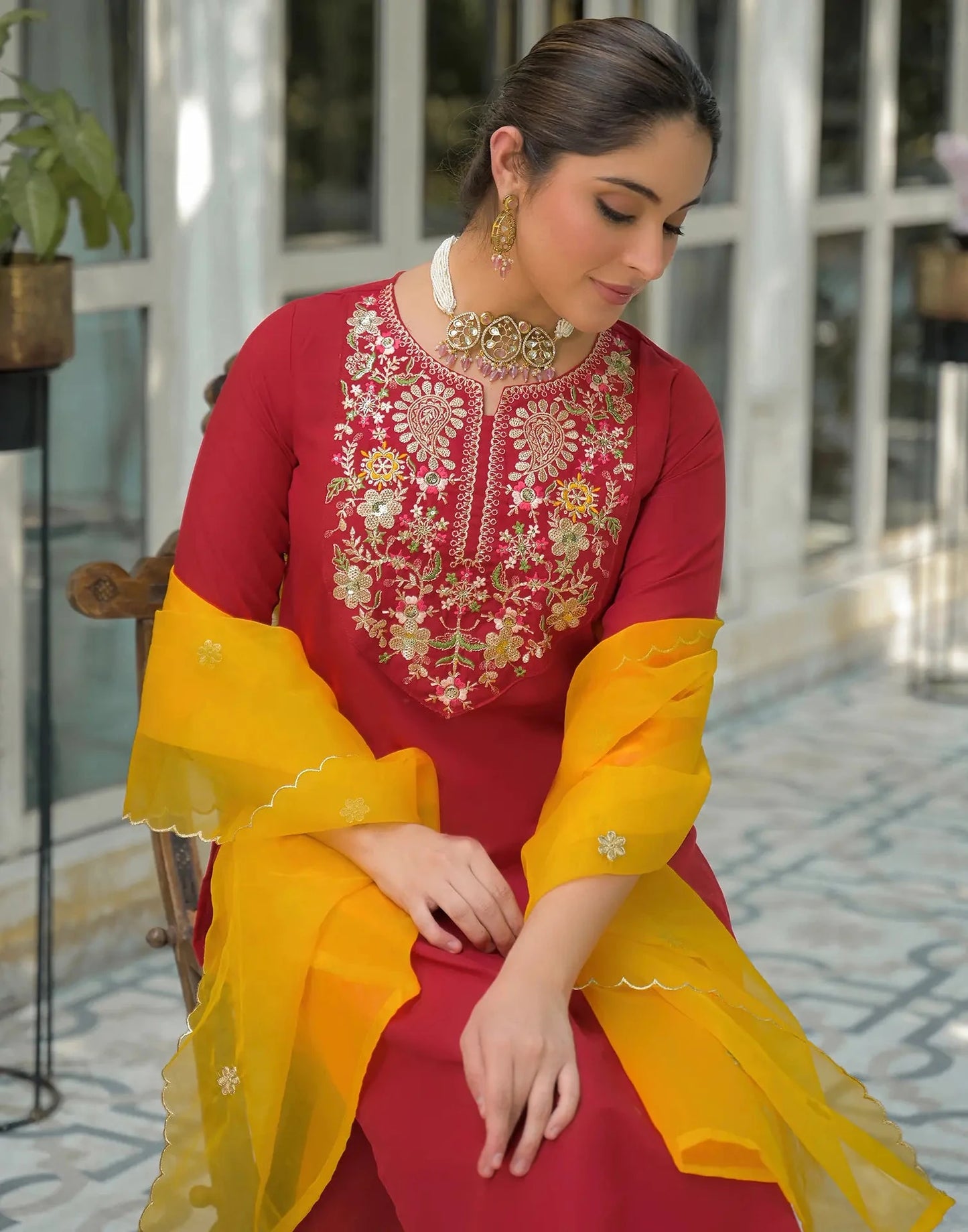 Rayon Embroidered Round Neck Straight Kurta with Pant & Dupatta