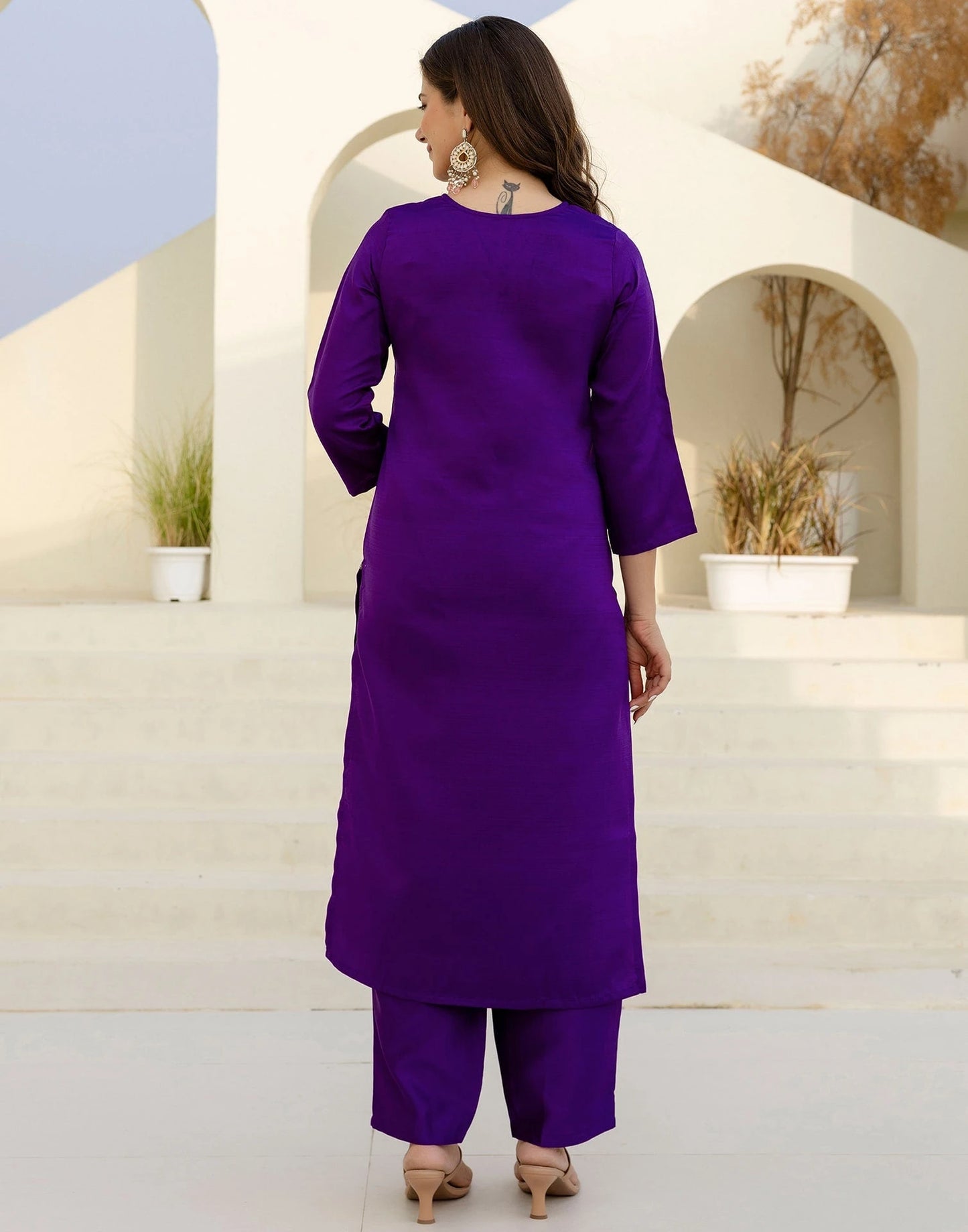 Affordable Purple Silk Embroidered Straight Kurta Set under 1299