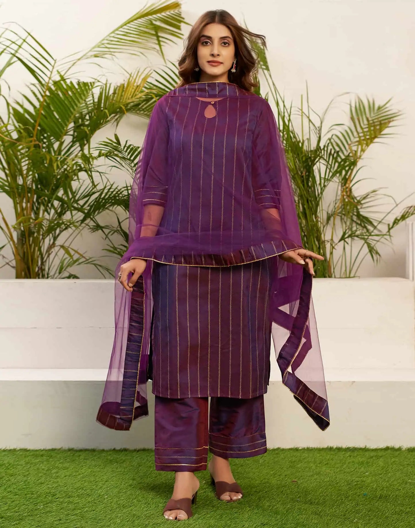 Silk Blend Foil Print and Lace Straight Kurta with Pant & Dupatta