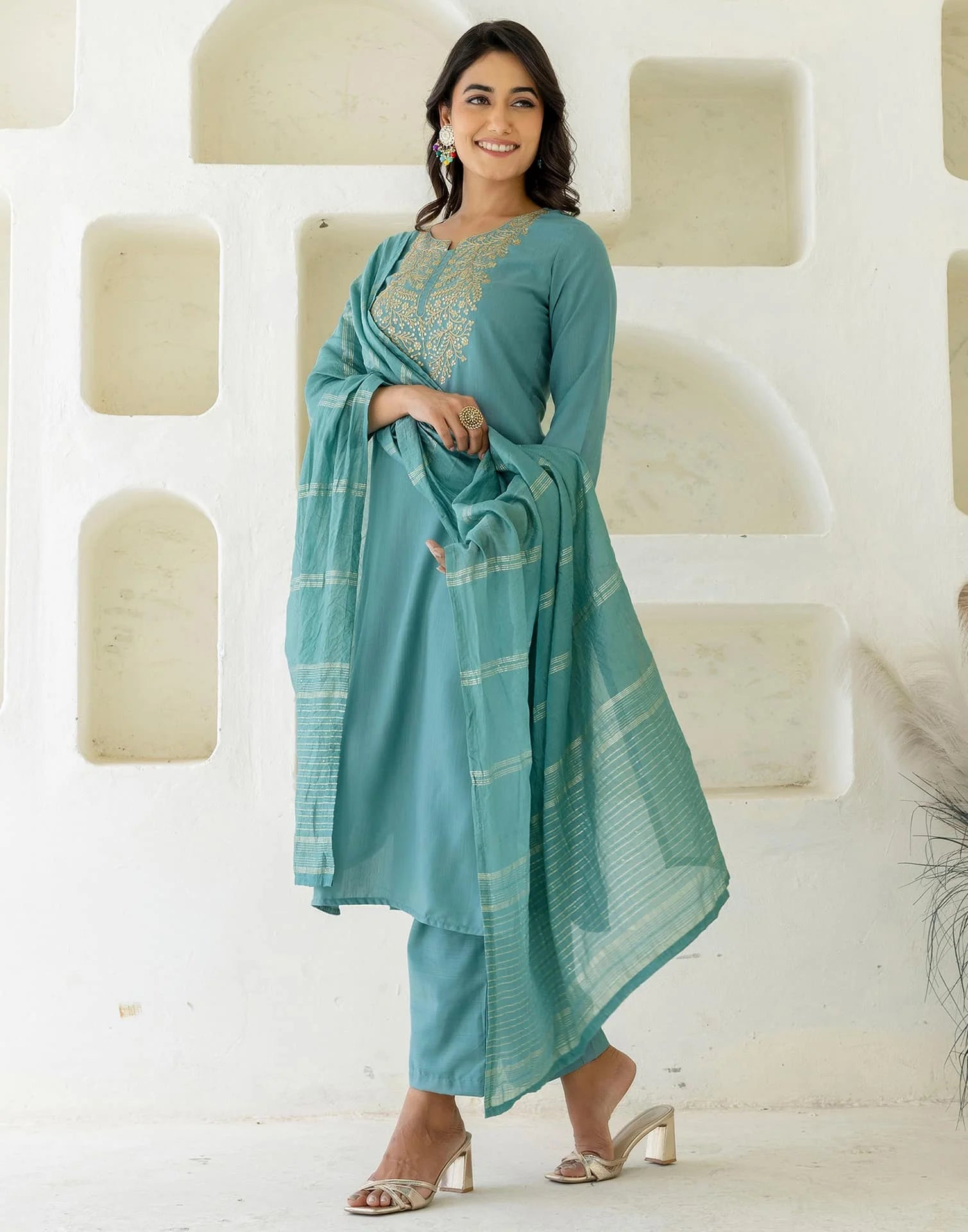 Light Green Cotton Embroidered Straight Kurta with Pant and Dupatta