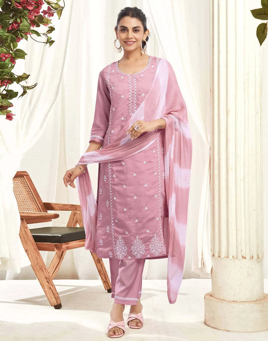 Budget friendly pink silk embroidered kurta set with dupatta 