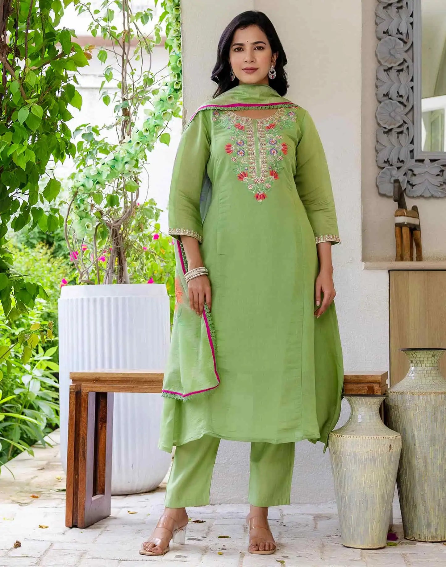 Silk Embroidered A-Line Kurta with Pant & Dupatta