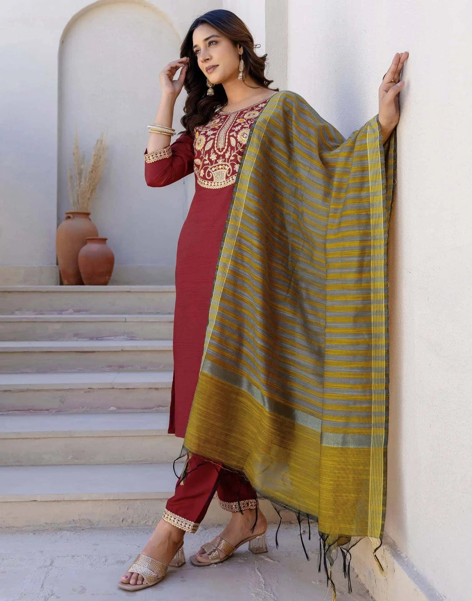 Skylee Silk Blend Embroidered Straight 3 Piece Kurta Set For Woman