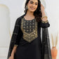 Black Silk Woven Straight Kurta Set with Pant & Dupatta for Women