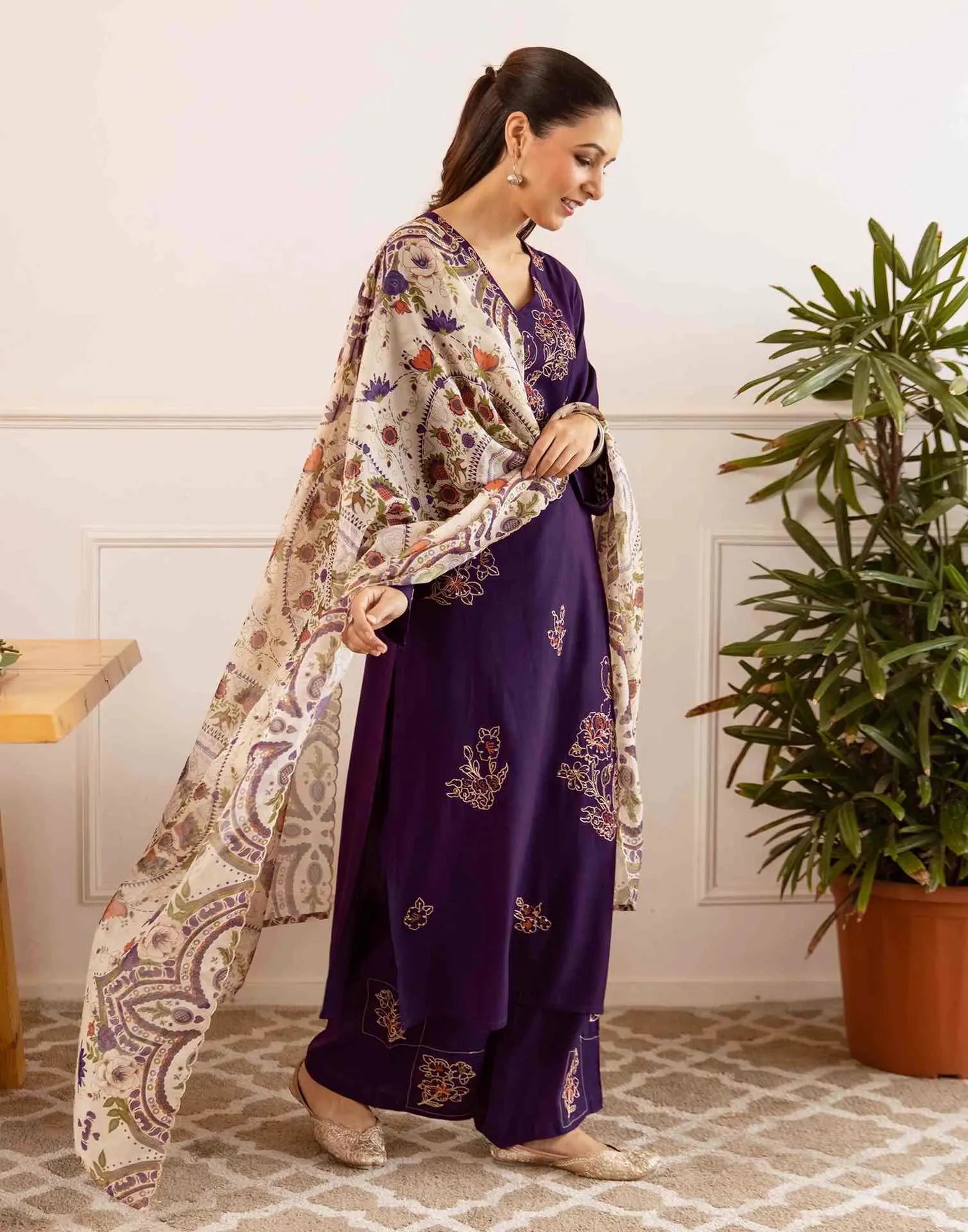 Cotton Embroidered Straight V-Neck Kurta with Pant & Dupatta