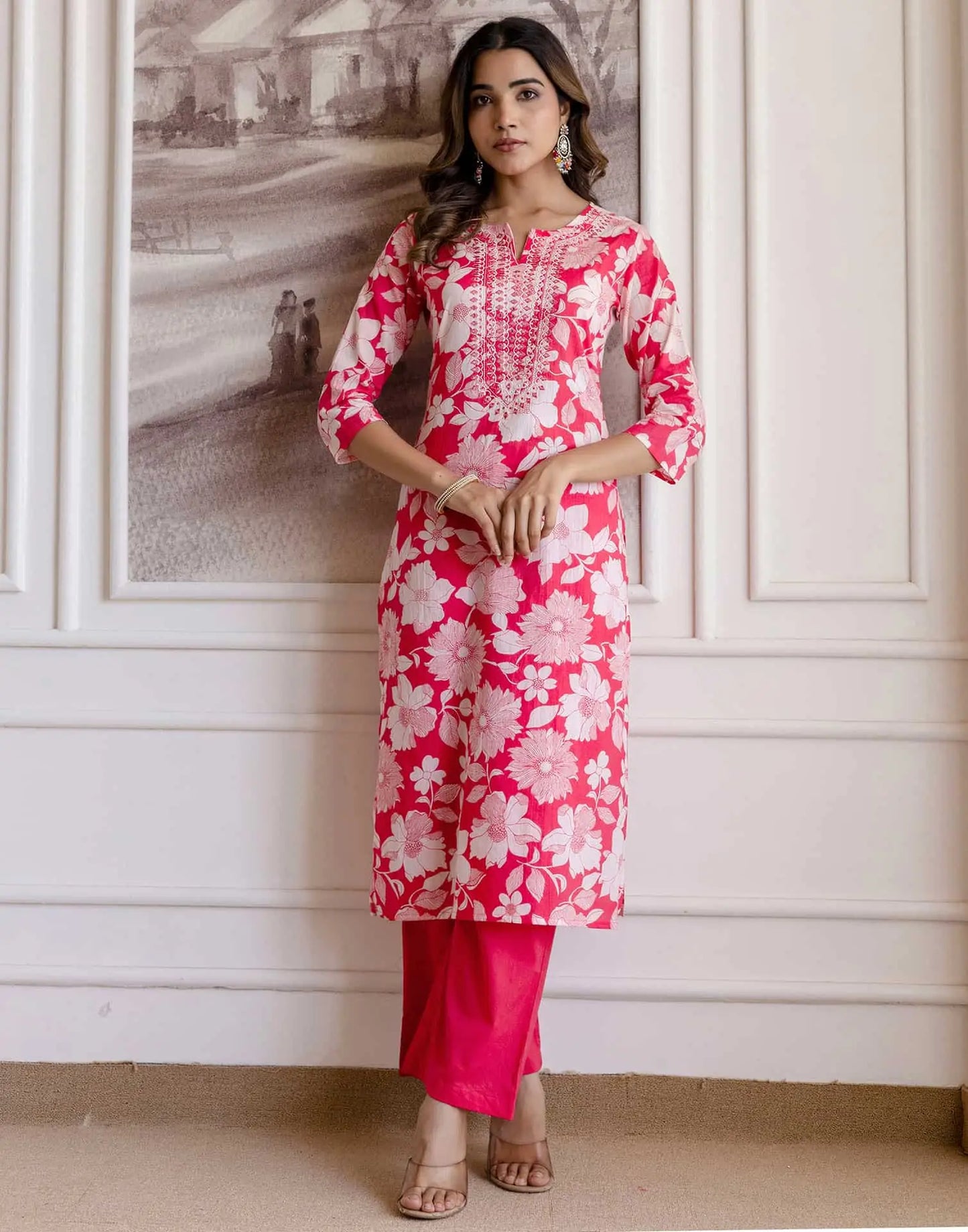 Pink Cotton Printed Straight Kurta Set with Pant & Dupatta V-Neck Floral Kurti for Women