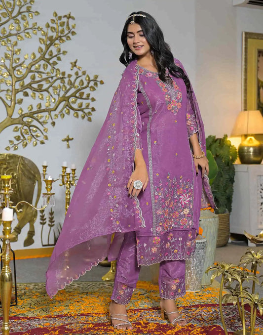 Shimmer Chiffon Straight Embroidery Round Neck Kurta with Pant & Dupatta