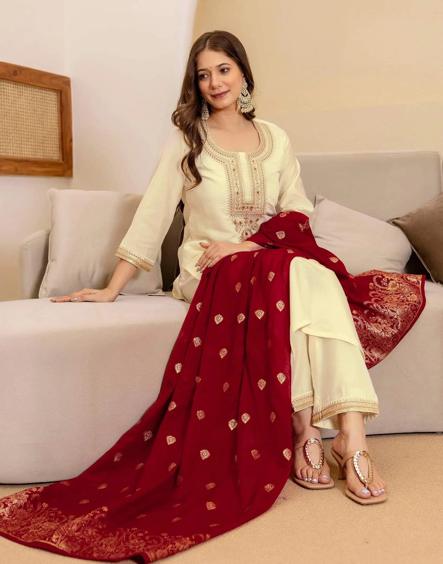 Affordable Beige Silk Embroidered Straight Kurta Set under 1299