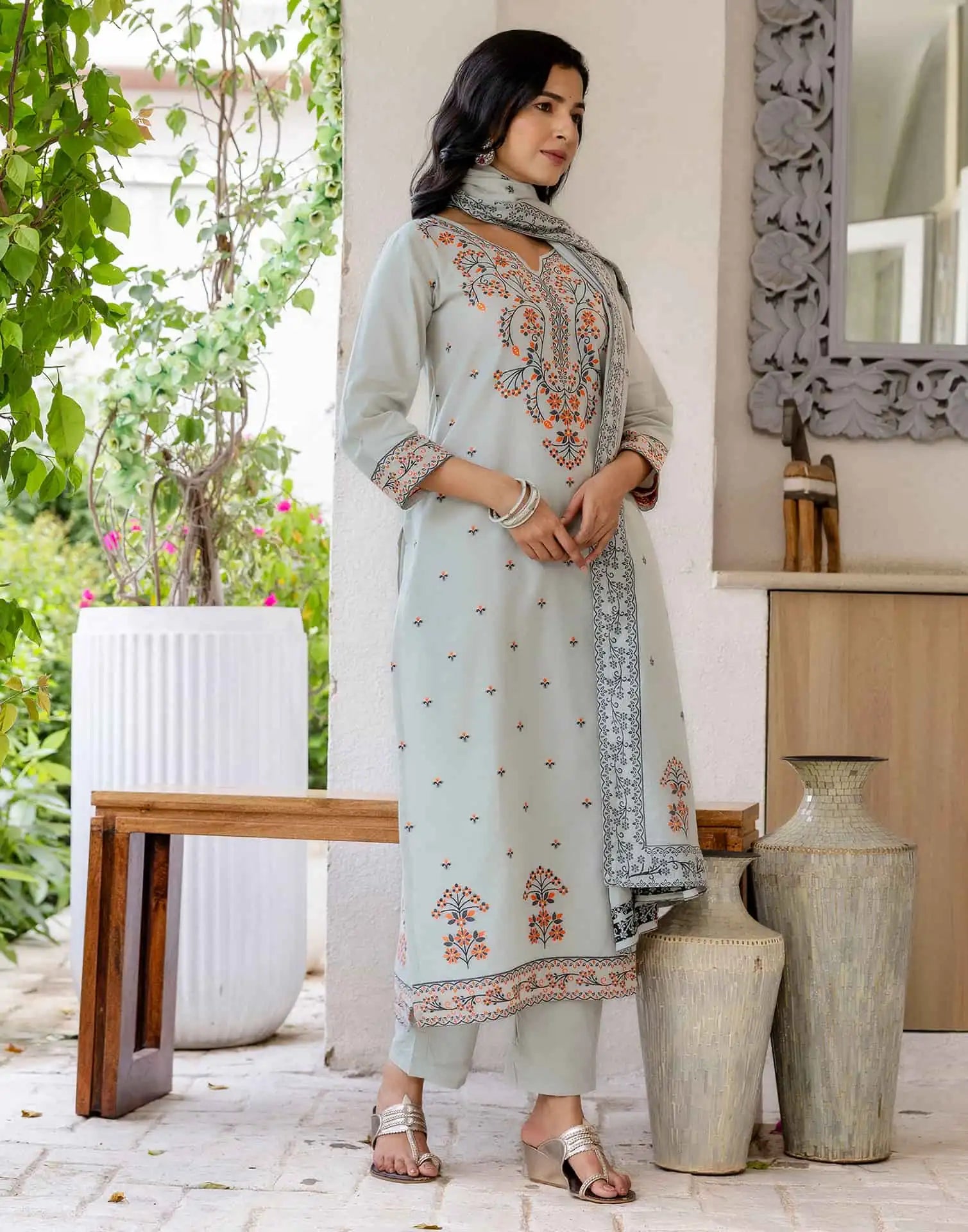 Grey Cotton Woven Straight Kurta Set with Pant & Dupatta under 1250 