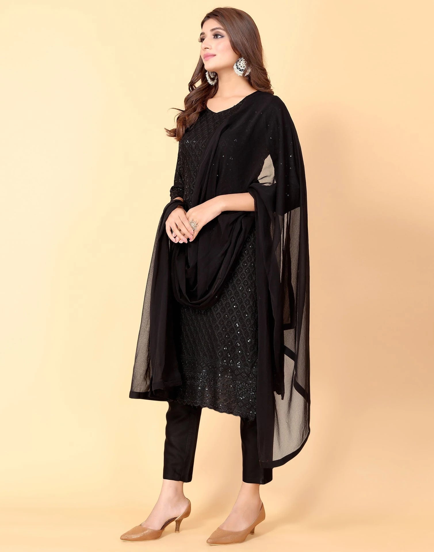 Black Rayon Straight Kurta Set with Sequence Embroidery under 1000