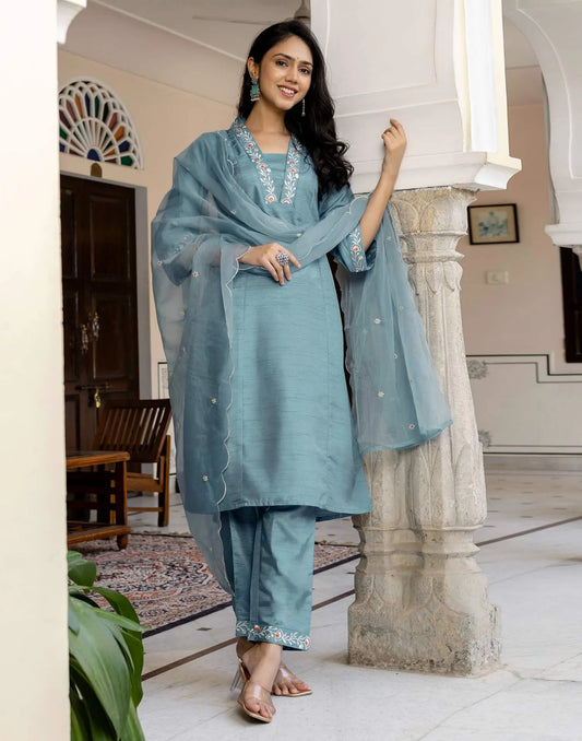 Blue Silk Blend Embroidered Straight Kurta Set with Pant and Dupatta for Women