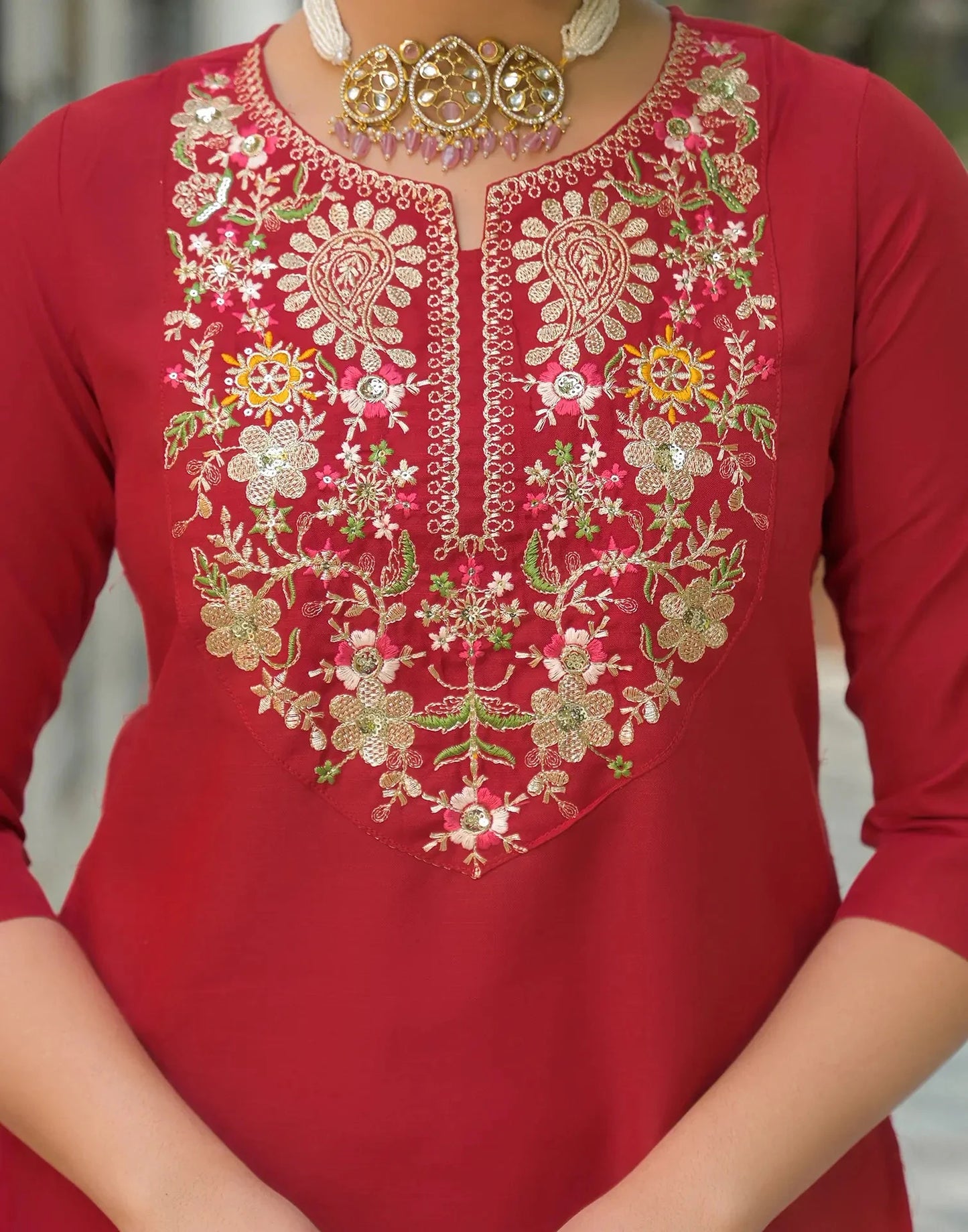 Rayon Embroidered Round Neck Straight Kurta with Pant & Dupatta