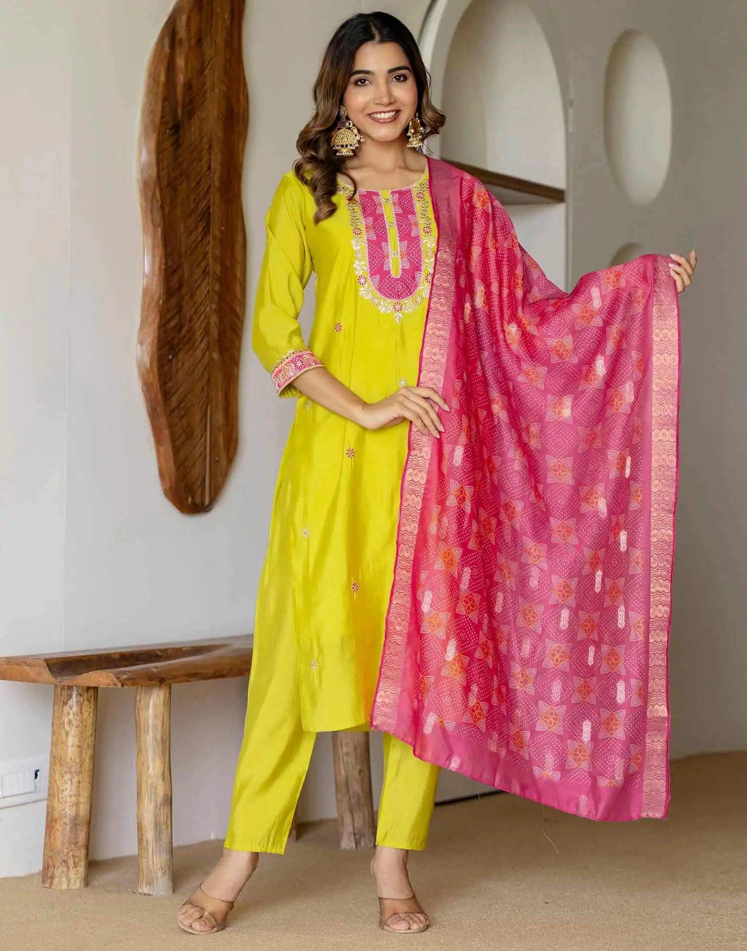 Yellow Silk Embroidered Straight Kurta Set with Pant & Dupatta under 1299 