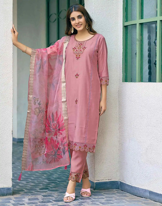 Silk Blend Sequence and Embroidery Work Straight Kurta with Pant & Dupatta