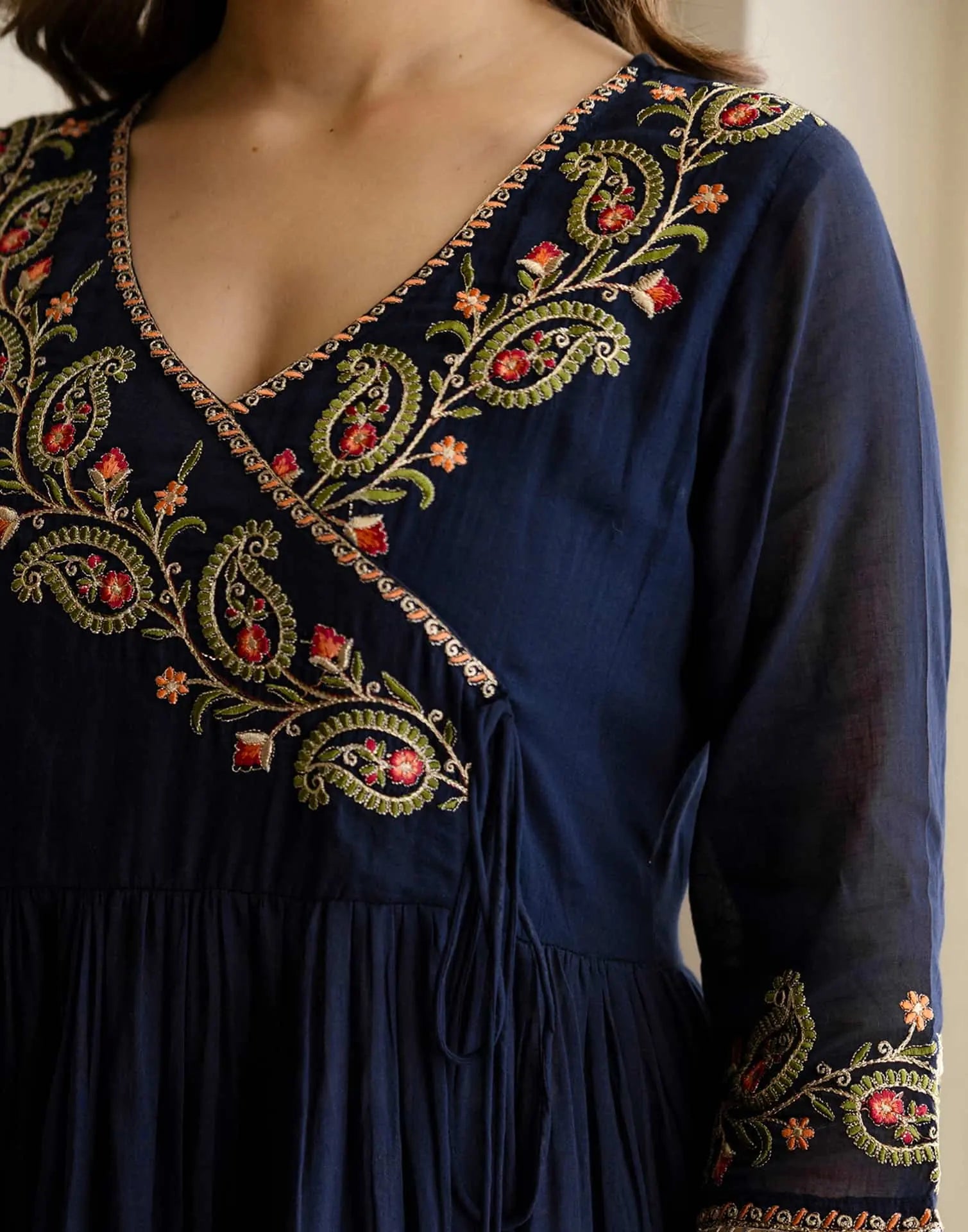 Affordable Blue Cotton Embroidered Anarkali Kurti Set