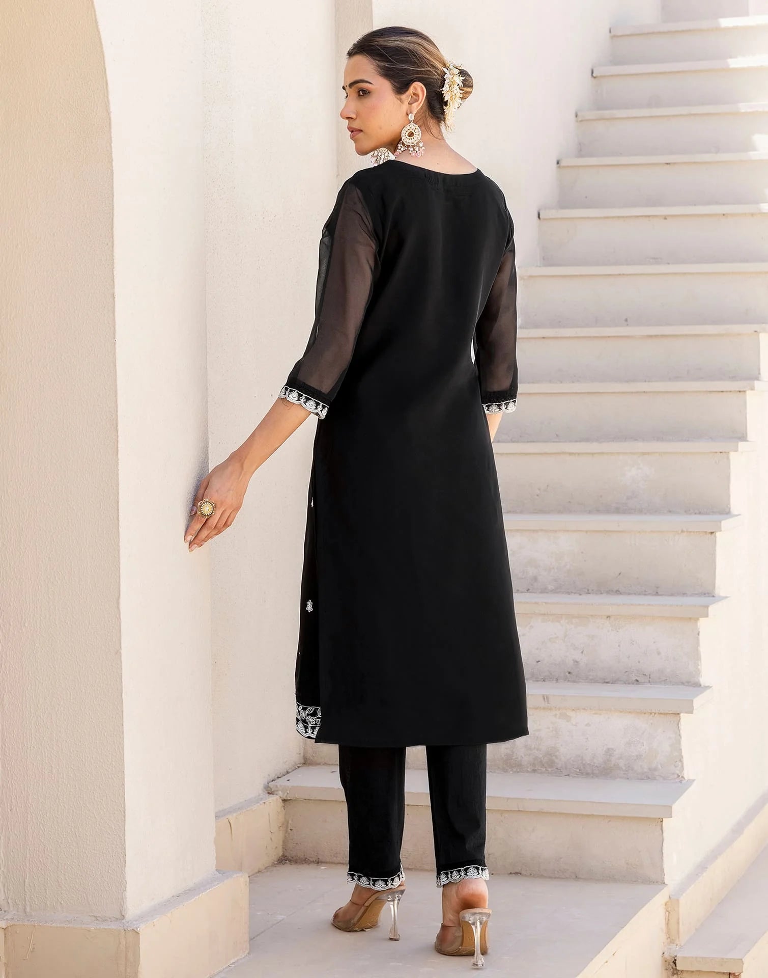 Skylee Black Silk Embroidered Straight Kurta Set for Women