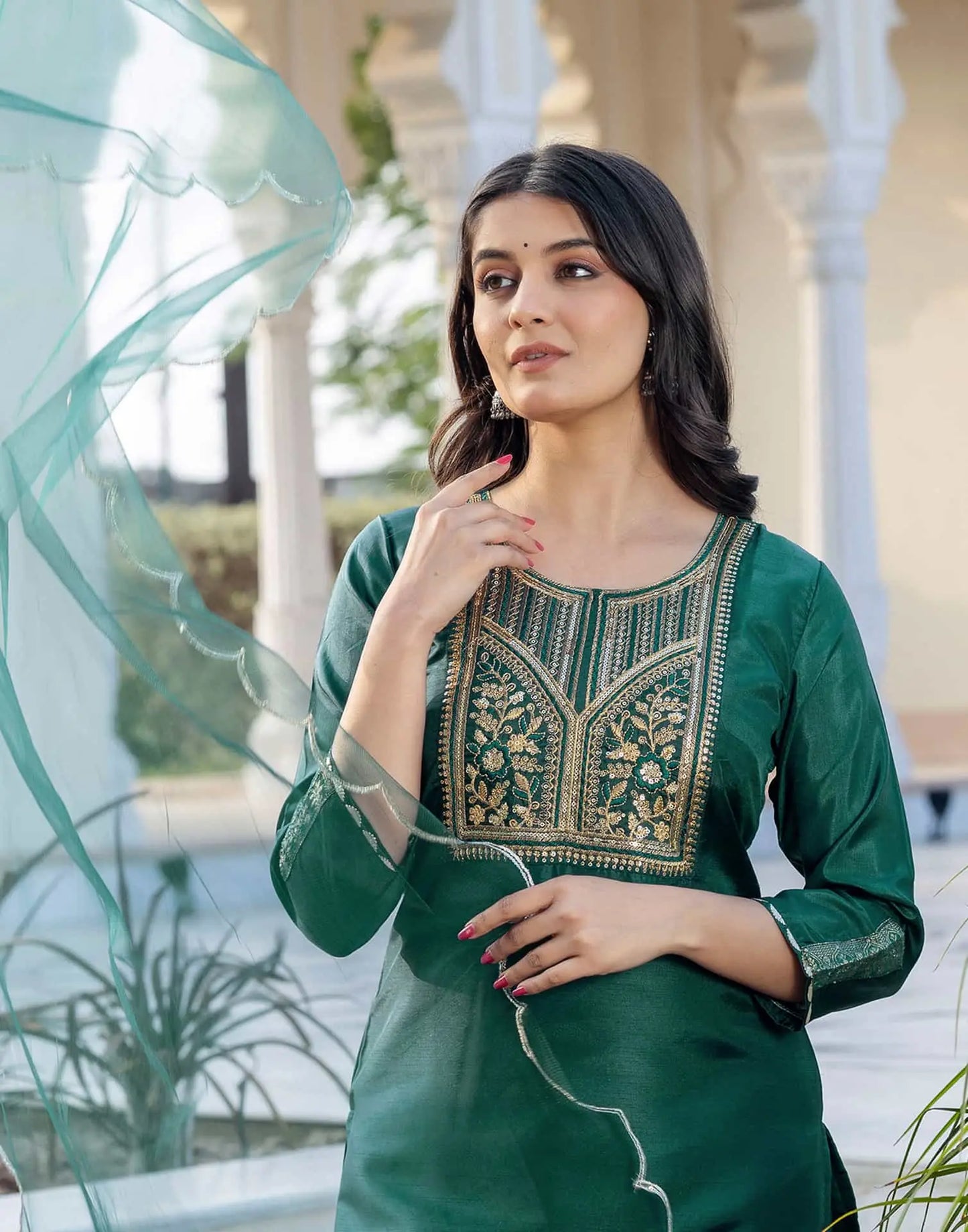 Silk Blend Embroidery and Sequins Work Straight Kurta with Pant & Dupatta