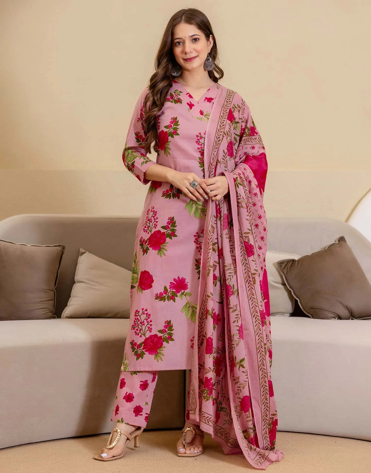 Cotton Floral Printed Straight Kurta with Pant and Dupatta for Women