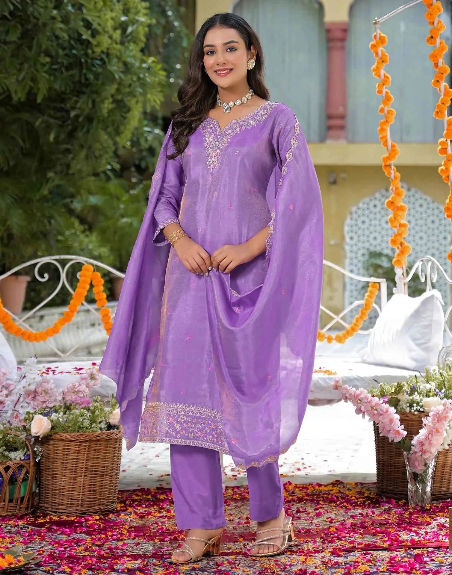 Tissue Silk Embroidered Straight U-Neck Kurta with Pant & Dupatta