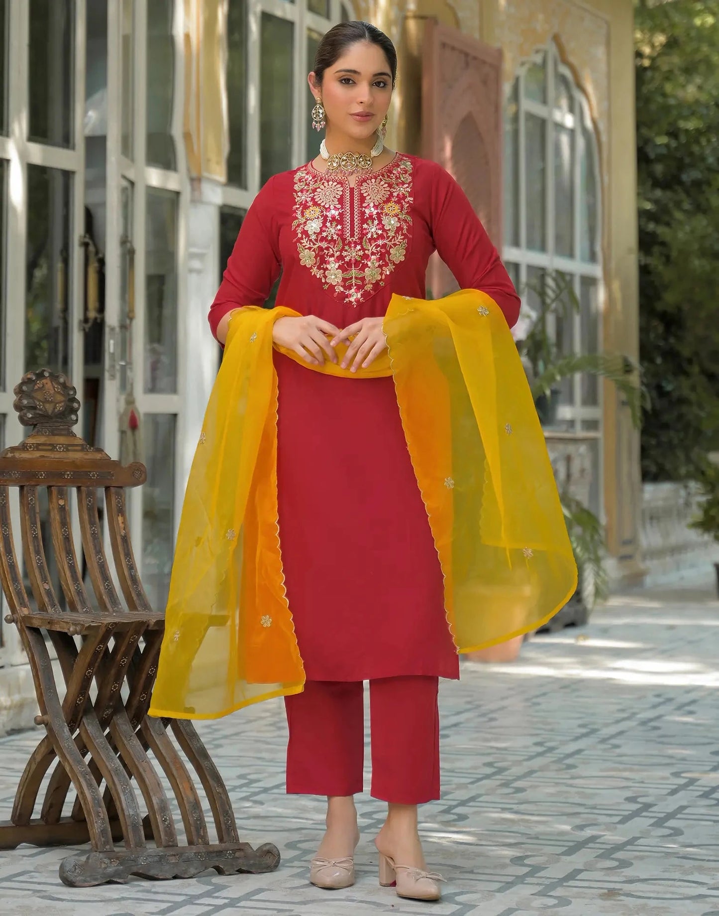 Rayon Embroidered Round Neck Straight Kurta with Pant & Dupatta