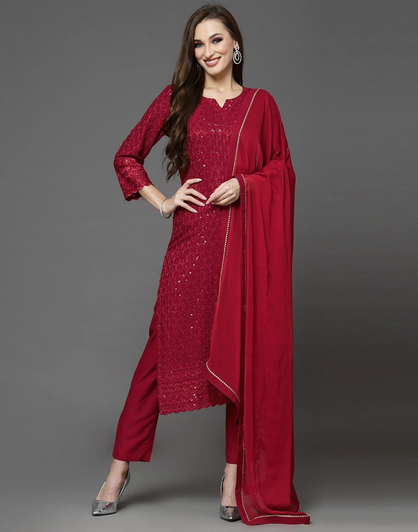 Maroon Rayon Straight Kurta Set with Sequence Embroidery under 1000