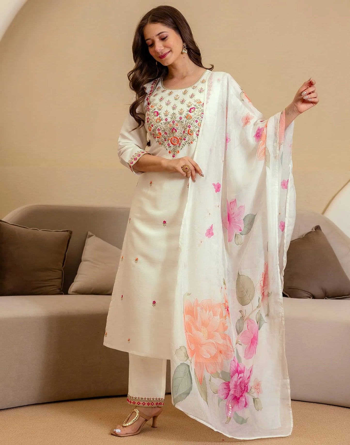 Off White Silk Blend Embroidered Straight Kurta Set for Women with Pant and Dupatta