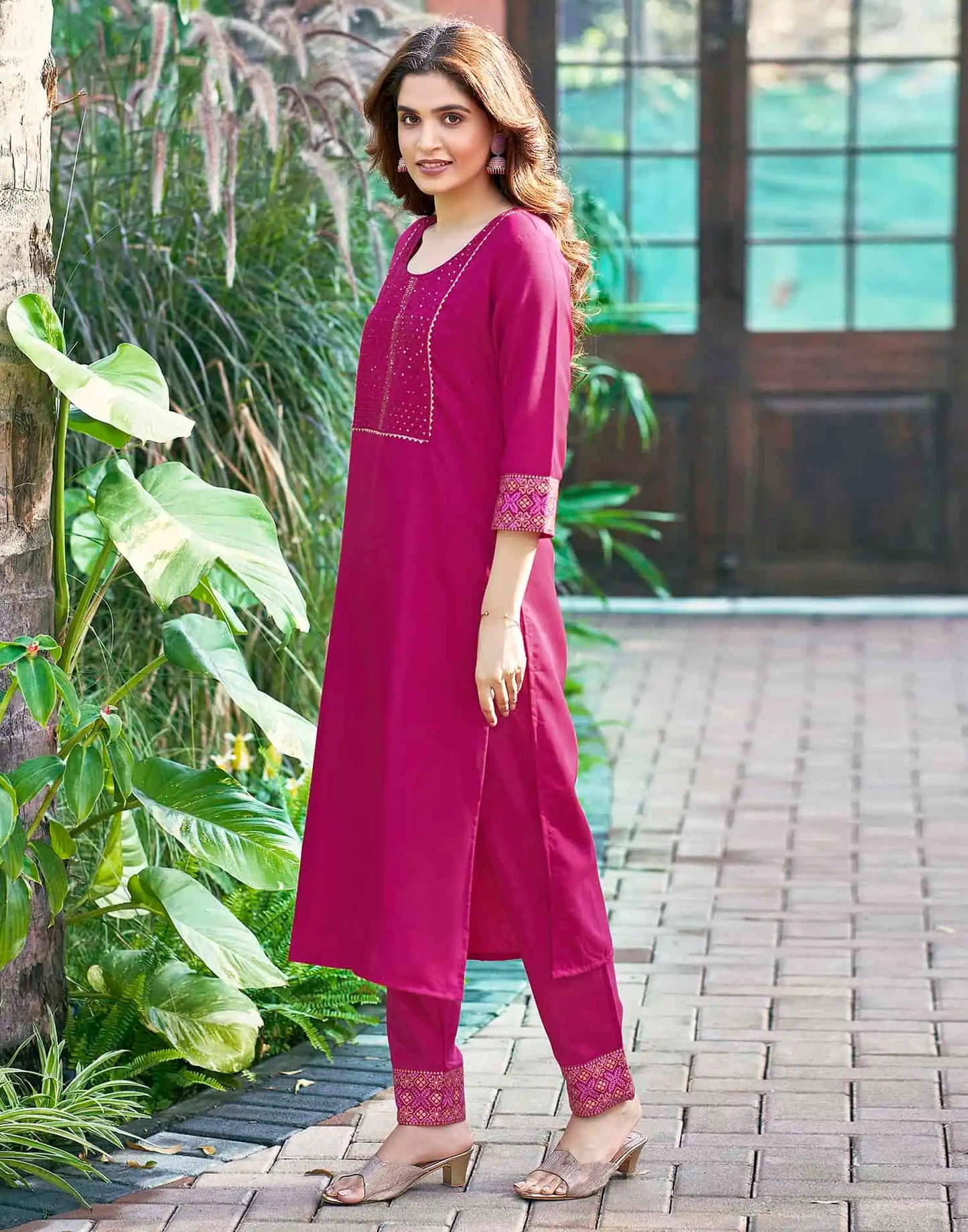Cotton Blend Embroidered Straight Kurta with Pant & Dupatta